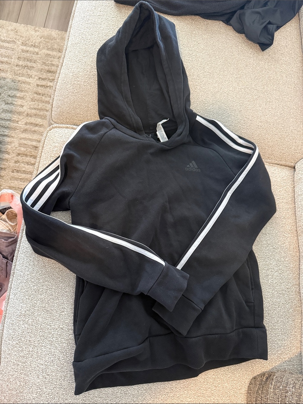 adidas Black Hoodie with White Stripe Accents and pockets fleece